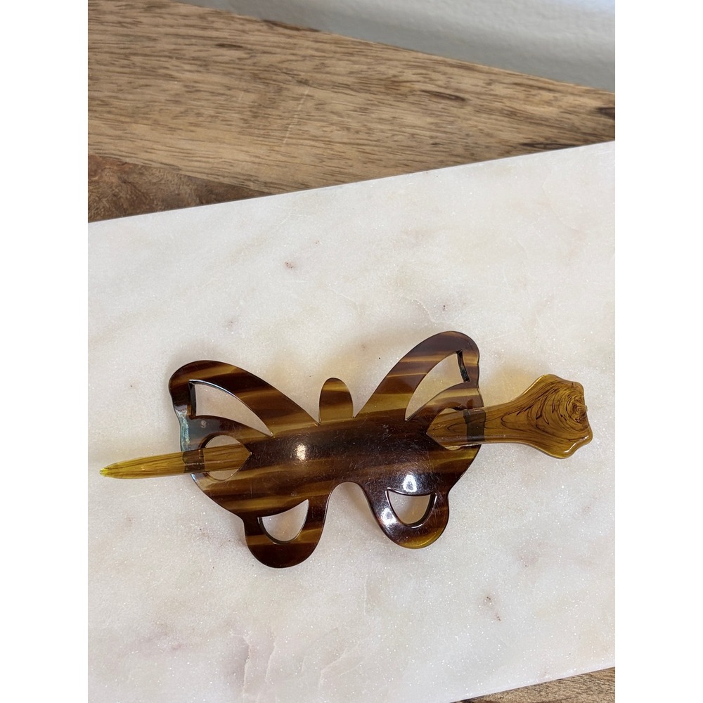 Vintage Brown Striped Faux Tortoise Cutout Butterfly Hair Slide with Stick